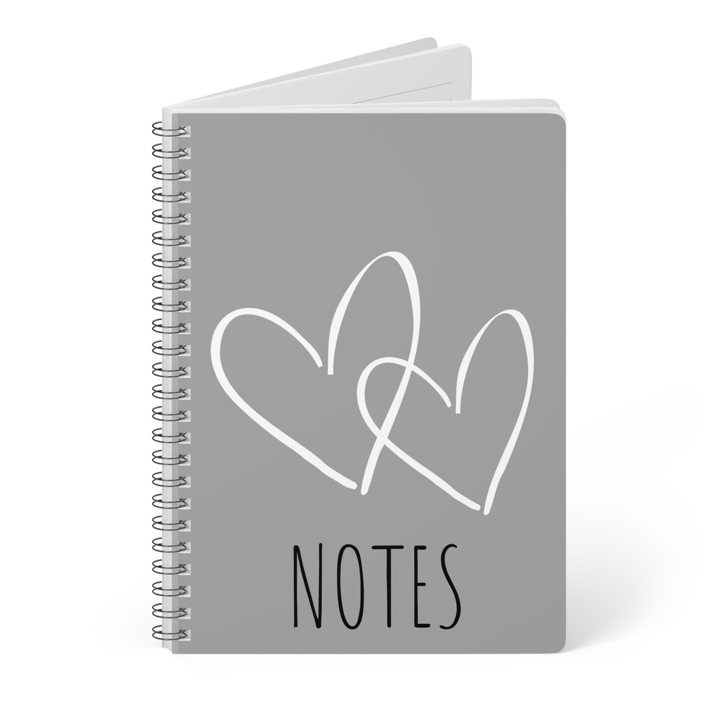 Grey white Hearts Wire bound Softcover Notebook, Journal, lists, gift idea. A5 Lined pages.