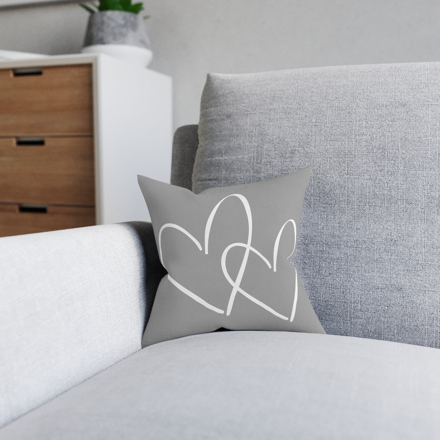 Grey White Hearts double sided Square Faux Suede  Pillow- cushion- standard 12" x 12" size. Home Decor