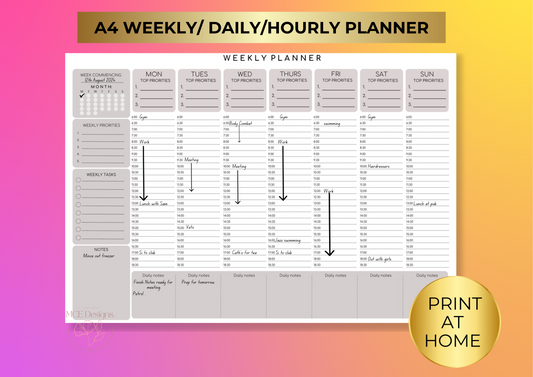 Weekly/Daily/ Hourly Planner-Weekly Organiser- Instant Digital Download.