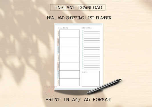Weekly Meal Planner with Grocery List Printable Template, 7 Day Menu Planner- Digital Download
