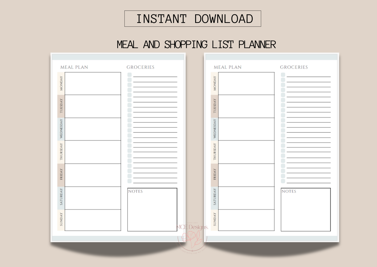 Weekly Meal Planner with Grocery List Printable Template, 7 Day Menu Planner- Digital Download