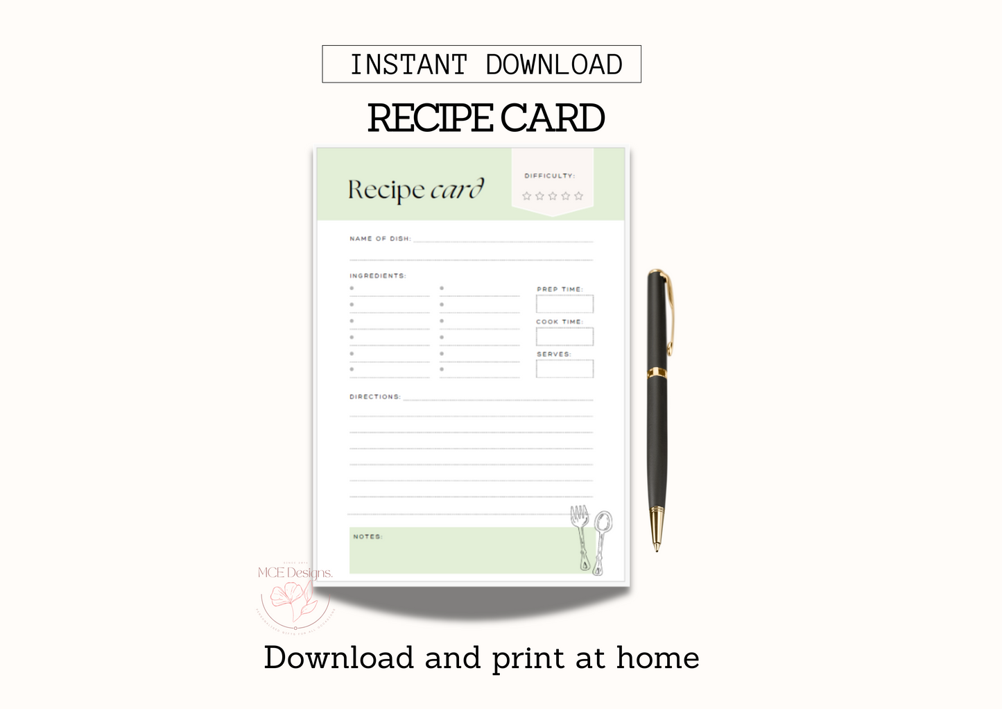 Printable Recipe Card Printable template - Digital Download