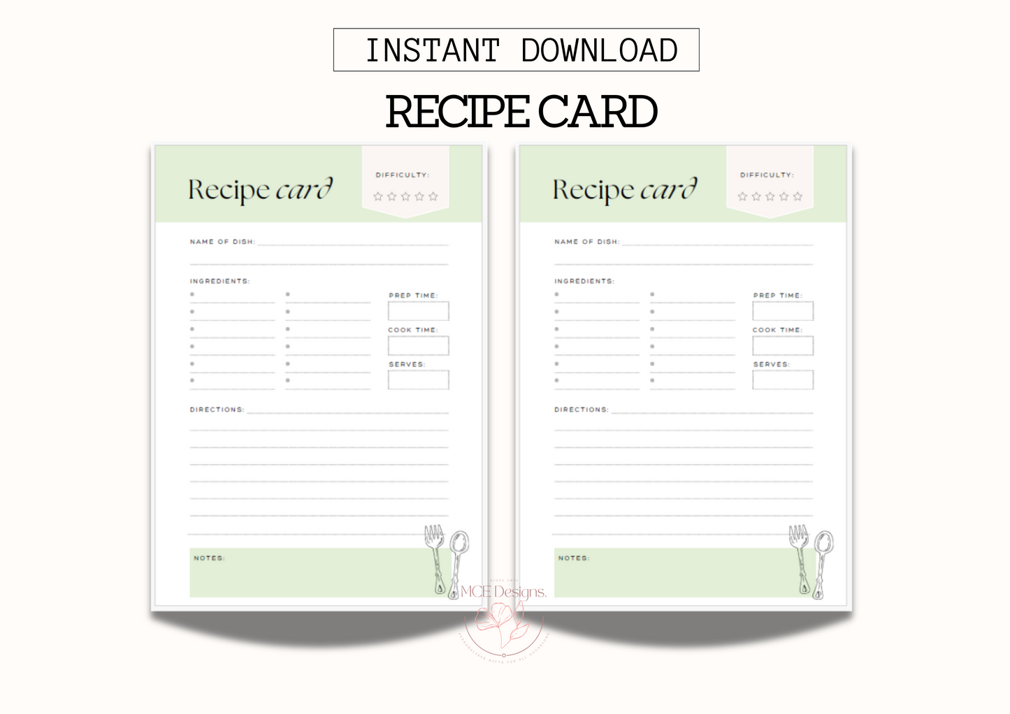 Printable Recipe Card Printable template - Digital Download