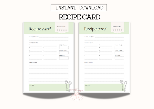 Printable Recipe Card Printable template - Digital Download