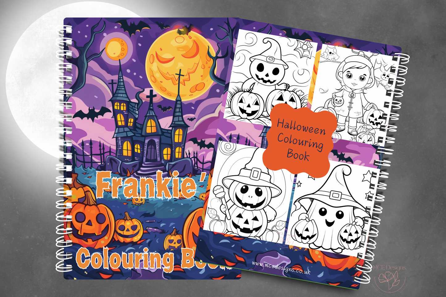 Personalised kids Halloween themed Colouring Book. Custom Colouring Book. 30 unique designs, Halloween colouring for children.