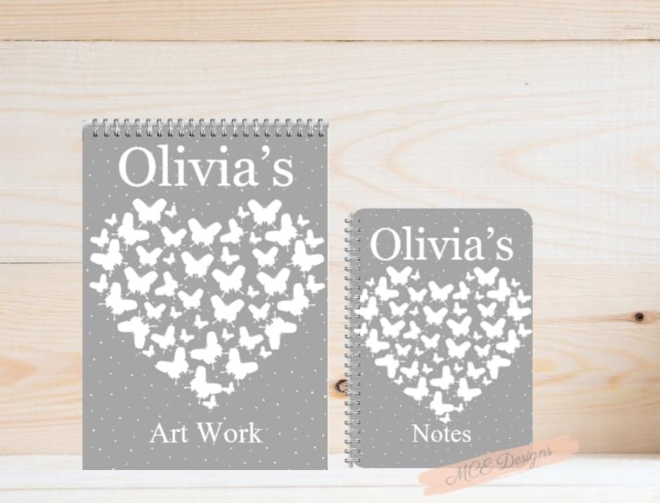 Grey White Butterfly Hearts Sketch Pad & Note Book Gift Set