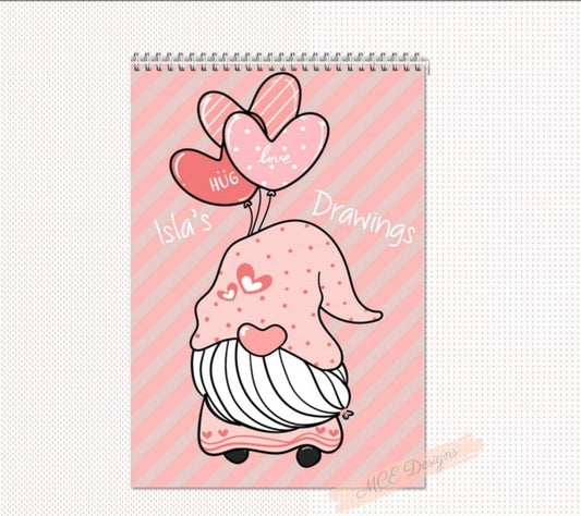 Pink love Gonk (Gnomes) Personalised A4 Sketch Pad.