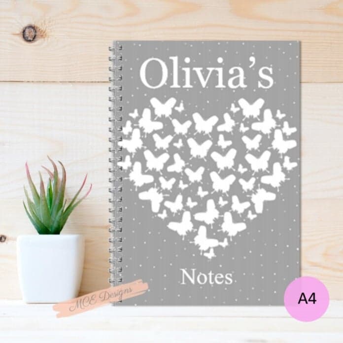 Grey White Butterfly Hearts  Personalised A4 Notebook