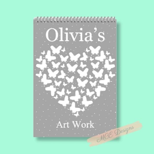 Grey White Butterfly Hearts Personalised A4 Sketch Pad