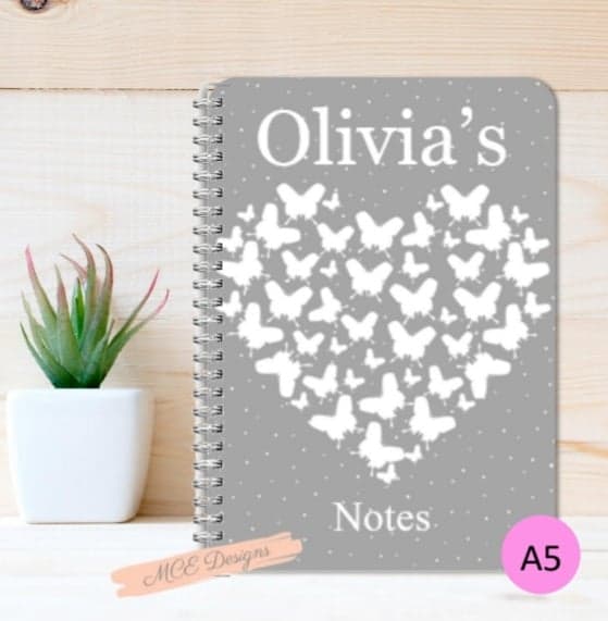 Grey White Butterfly Hearts  Personalised A5 Notebook