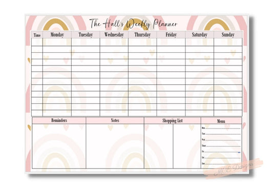 A3 Personalised wipeable/ re-usable weekly family wall planner. Shopping Lists, Meal planner, Reminders & Notes sections included.