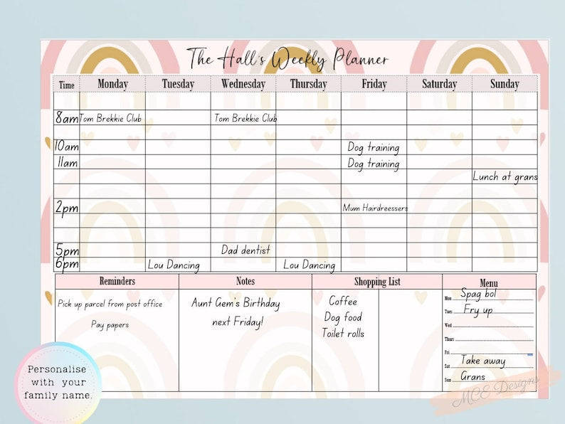 A3 Personalised wipeable/ re-usable weekly family wall planner. Shopping Lists, Meal planner, Reminders & Notes sections included.