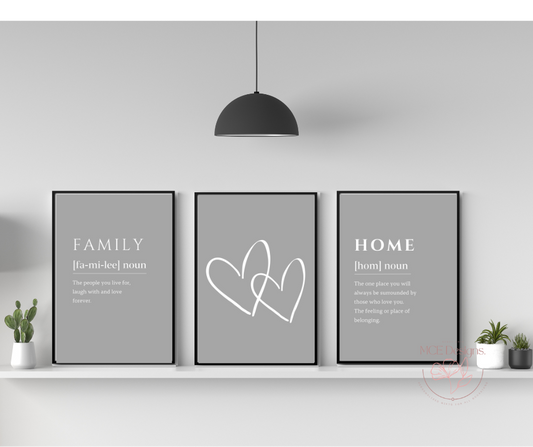 Set of 3 Family/ Home/ Hearts Quote Prints.